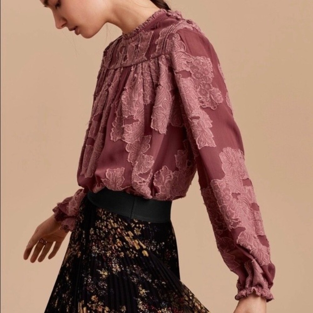 ARITZIA Wilfred Lourdes Mauve Pink Boho Victorian Floral Appliqué Swing Blouse
